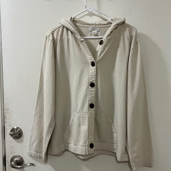 Christopher & Banks Cream Seersucker Button Down LS Hoodie Jacket Size XL - Picture 3 of 10